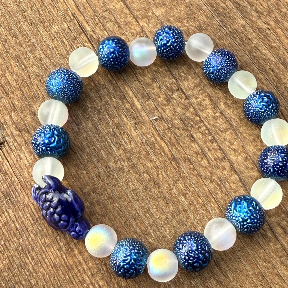 Blue and White Sea Glass Beaded Bracelet with porcelain turtle bead